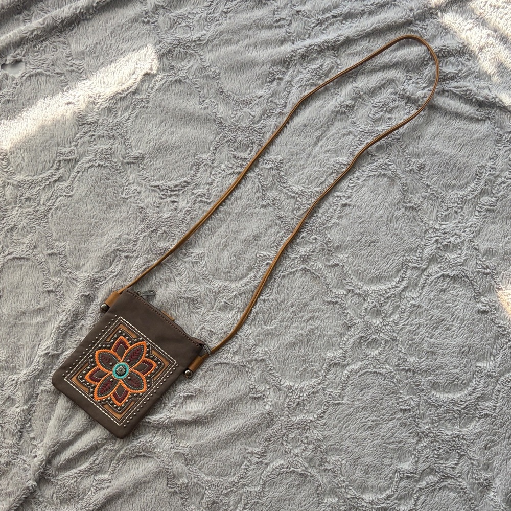 Brown Embroidered Floral Crossbody Bag - American Bling